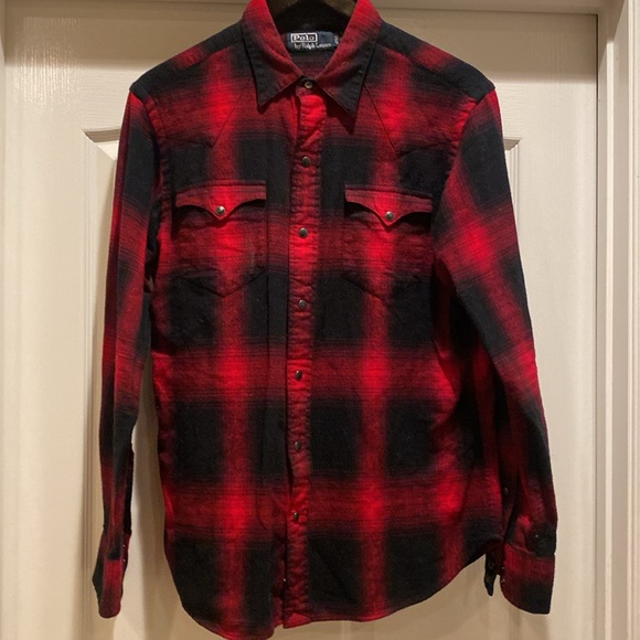 Polo Ralph Lauren Red Black Western Pearl Snap Shirt Medium - Picture 5 of 7